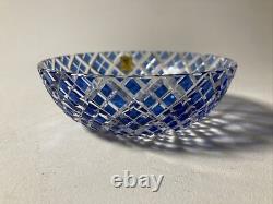 Vintage Kagami Japan Blue Cut Crystal Trinket Dish Bowl Gold Label -Beautiful