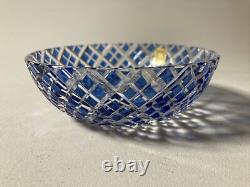 Vintage Kagami Japan Blue Cut Crystal Trinket Dish Bowl Gold Label -Beautiful