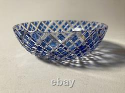 Vintage Kagami Japan Blue Cut Crystal Trinket Dish Bowl Gold Label -Beautiful