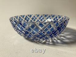 Vintage Kagami Japan Blue Cut Crystal Trinket Dish Bowl Gold Label -Beautiful