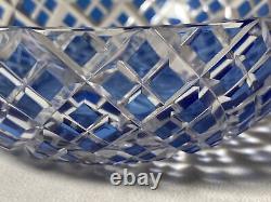 Vintage Kagami Japan Blue Cut Crystal Trinket Dish Bowl Gold Label -Beautiful