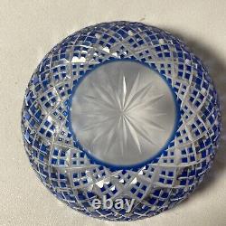 Vintage Kagami Japan Blue Cut Crystal Trinket Dish Bowl Gold Label -Beautiful