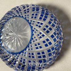 Vintage Kagami Japan Blue Cut Crystal Trinket Dish Bowl Gold Label -Beautiful