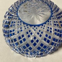 Vintage Kagami Japan Blue Cut Crystal Trinket Dish Bowl Gold Label -Beautiful