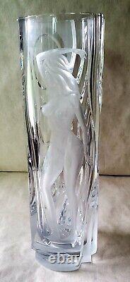 Vintage Large 15.5 Art Deco Intaglio Cut Crystal Glass Vase with Woman RARE