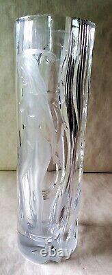 Vintage Large 15.5 Art Deco Intaglio Cut Crystal Glass Vase with Woman RARE