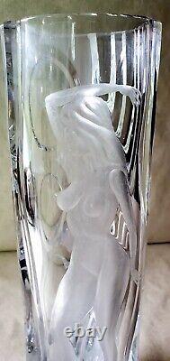 Vintage Large 15.5 Art Deco Intaglio Cut Crystal Glass Vase with Woman RARE