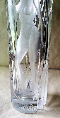 Vintage Large 15.5 Art Deco Intaglio Cut Crystal Glass Vase with Woman RARE