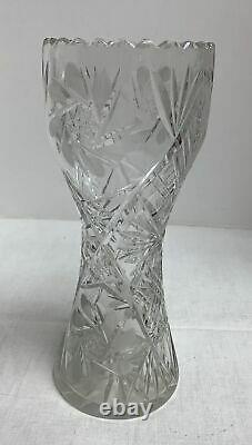 Vintage Large Flower Vase Deep Hand-Cut Lead Crystal Heavy Glass Etched 10 Tall