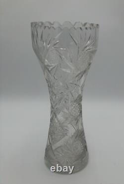 Vintage Large Flower Vase Deep Hand-Cut Lead Crystal Heavy Glass Etched 10 Tall