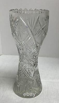 Vintage Large Flower Vase Deep Hand-Cut Lead Crystal Heavy Glass Etched 10 Tall