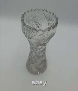 Vintage Large Flower Vase Deep Hand-Cut Lead Crystal Heavy Glass Etched 10 Tall
