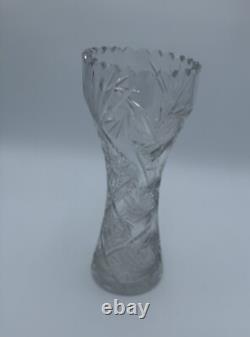 Vintage Large Flower Vase Deep Hand-Cut Lead Crystal Heavy Glass Etched 10 Tall