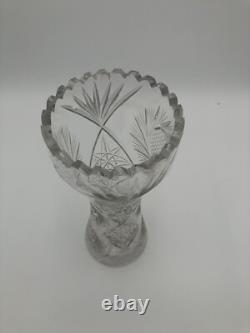 Vintage Large Flower Vase Deep Hand-Cut Lead Crystal Heavy Glass Etched 10 Tall