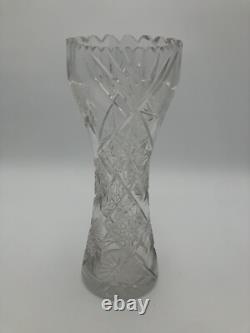 Vintage Large Flower Vase Deep Hand-Cut Lead Crystal Heavy Glass Etched 10 Tall