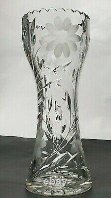 Vintage Large Flower Vase Hand-cut Lead Crystal Decorative Etched Heavy Glass