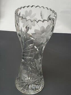 Vintage Large Flower Vase Hand-cut Lead Crystal Decorative Etched Heavy Glass