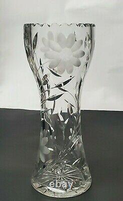 Vintage Large Flower Vase Hand-cut Lead Crystal Decorative Etched Heavy Glass