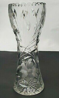 Vintage Large Flower Vase Hand-cut Lead Crystal Decorative Etched Heavy Glass