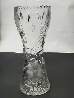 Vintage Large Flower Vase Hand-cut Lead Crystal Decorative Etched Heavy Glass