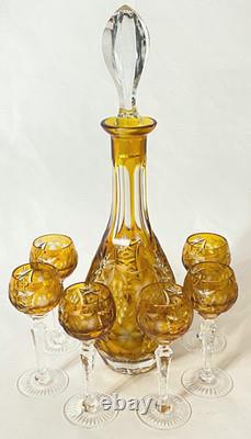 Vintage Lausitzer German Amber Cut to Clear Crystal Decanter & 6 Cordial Glasses