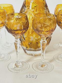 Vintage Lausitzer German Amber Cut to Clear Crystal Decanter & 6 Cordial Glasses