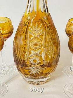 Vintage Lausitzer German Amber Cut to Clear Crystal Decanter & 6 Cordial Glasses