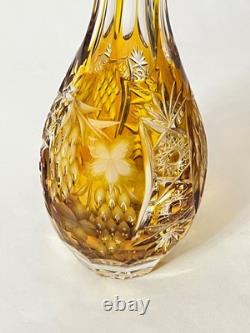 Vintage Lausitzer German Amber Cut to Clear Crystal Decanter & 6 Cordial Glasses