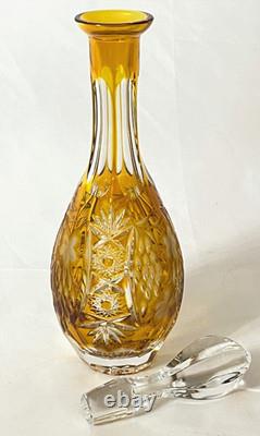 Vintage Lausitzer German Amber Cut to Clear Crystal Decanter & 6 Cordial Glasses