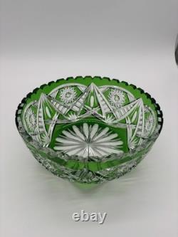 Vintage Lausitzer Glas (GDR) Vibrant Emerald Crystal Bowl Rose Pattern (read)