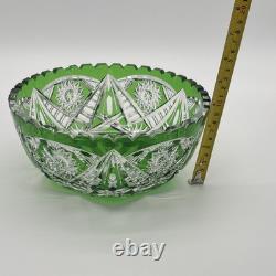 Vintage Lausitzer Glas (GDR) Vibrant Emerald Crystal Bowl Rose Pattern (read)