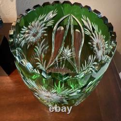 Vintage Lausitzer Glass Lead Crystal Emerald Green Cut to Clear Vase 10