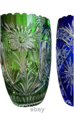 Vintage Lausitzer Glass Lead Crystal Emerald Green Cut to Clear Vase 10