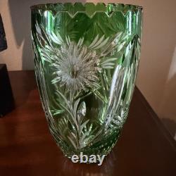 Vintage Lausitzer Glass Lead Crystal Emerald Green Cut to Clear Vase 10