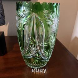 Vintage Lausitzer Glass Lead Crystal Emerald Green Cut to Clear Vase 10