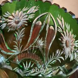 Vintage Lausitzer Glass Lead Crystal Emerald Green Cut to Clear Vase 10