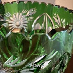 Vintage Lausitzer Glass Lead Crystal Emerald Green Cut to Clear Vase 10
