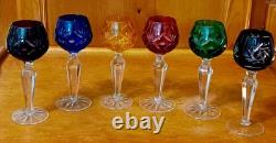 Vintage Lausitzer LA16 Multi-Colored Set of 6 Crystal Cut to Clear Cordial Glass