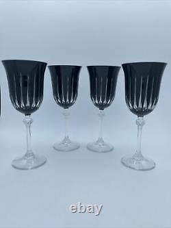 Vintage Le Stelle Set Of 4 Black Wine Glasses Cut Glass Crystal Made In Italy