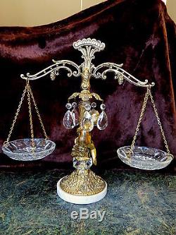 Vintage Marble Base Weight Scale CUT GLASS CRYSTAL DROPS & PLATES, CHERUB ITALY