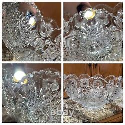 Vintage Maybe Antique Heisey Cut Glass Sunburst Punch Bowl, Base, + 7 Cups AS IS