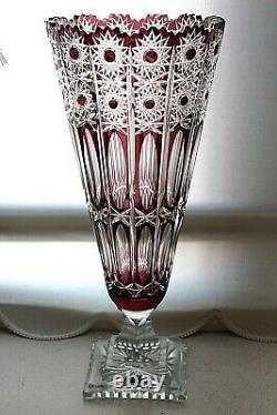 Vintage Monumental Lausitzer Art Glass ruby red lead crystal cut to clear vase