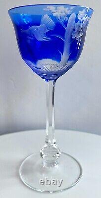 Vintage Moser Crystal BIRDS OF THE WILD Wine Hock Glass Cut to Clear COBALT BLUE
