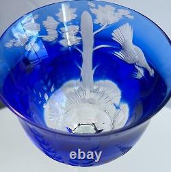 Vintage Moser Crystal BIRDS OF THE WILD Wine Hock Glass Cut to Clear COBALT BLUE