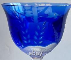 Vintage Moser Crystal BIRDS OF THE WILD Wine Hock Glass Cut to Clear COBALT BLUE