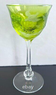 Vintage Moser Crystal BIRDS OF THE WILD Wine Hock Glass Cut to Clear NEON YELLOW