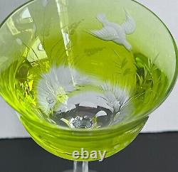 Vintage Moser Crystal BIRDS OF THE WILD Wine Hock Glass Cut to Clear NEON YELLOW