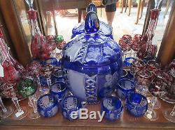 Vintage Nachtmann Blue Cut Crystal Punch Bowl & Cups (12) PERFECT KH