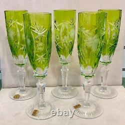 Vintage Nachtmann Traube Cut To Clear Lime Green Crystal Champagne Flutes