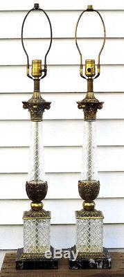 Vintage Pair 2 TABLE LAMPS Architectural Columns Cut Crystal Glass Brass Marble